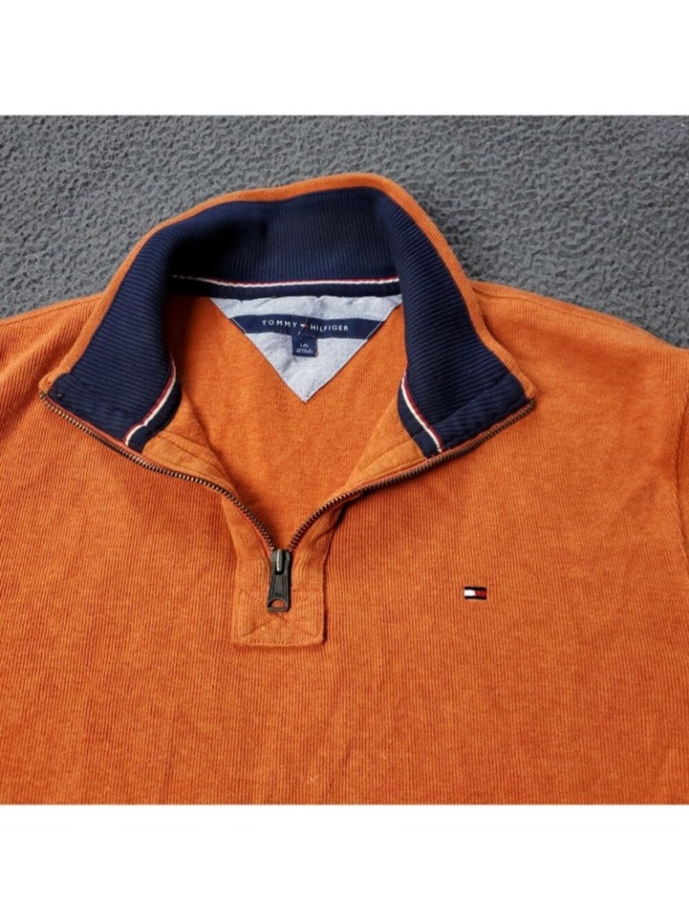 Tommy Hilfiger Sweater Mens L Large Zip Up Orange Pullover Casual Adult y2K